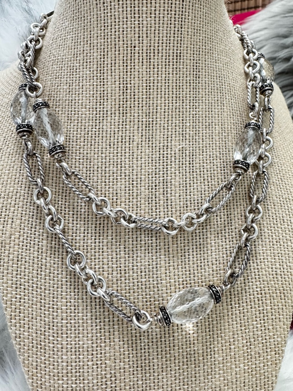David Yurman .925 18K Clear Quartz Black Diamond Figaro Long Chain Necklace 34”